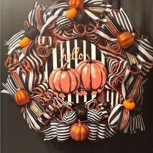 Hello fall Pumpkin Wreath with Striped Accents